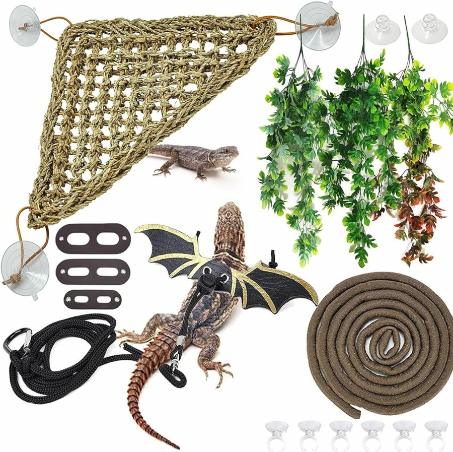 Reptiles & Amphibian Hamiledyi | Hamiledyi Bearded Dragon Tank Accessories Lizard Hammock Adjustable Leash Bat Wings Reptile Plants Hanging Fake Vines Tank Habitat Decor For Climbing Chameleon Lizards Gecko Snakes