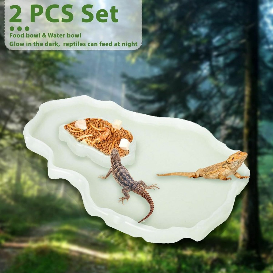 Reptiles & Amphibian Tfwadmx | Tfwadmx Reptile Food And Water Bowl Set Luminous Bearded Dragon Dishes Tortoise Feeder Lizard Habitat Large And Small Amphibian Feeding Plates Terrarium Decor For Turtle Gecko Snake Tegu Iguana 2 Pcs