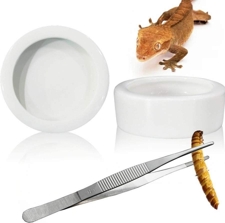 Reptiles & Amphibian WACURRENTHYD | 2Pcs Mini Reptile Food Dish Bowls Worm Water Dish Feeder Lizard Gecko Ceramic Pet Bowls With Tongs For Tortoise Lizard Bearded Dragon Frog Leopard Gecko Snake Chameleon(Small, 1.93Inch)