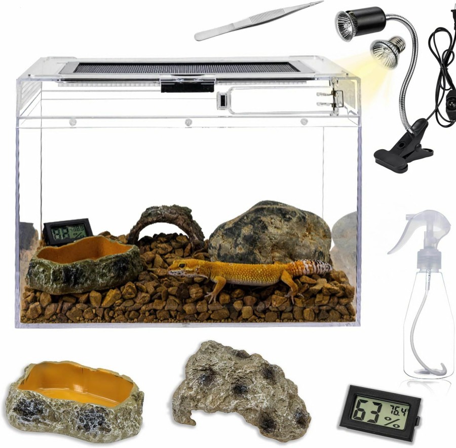 Reptiles & Amphibian SYAZOMQUS | Reptile Terrarium Cage Tank 12X7X9 Inch,Feeding Box Lizard Tank Fishtank With Accessories Sprayer,Tweezer,Bowl,Hygrometer, Hide Cave,For Insect,Tortoise,Fish Tarantula Enclosure Cage