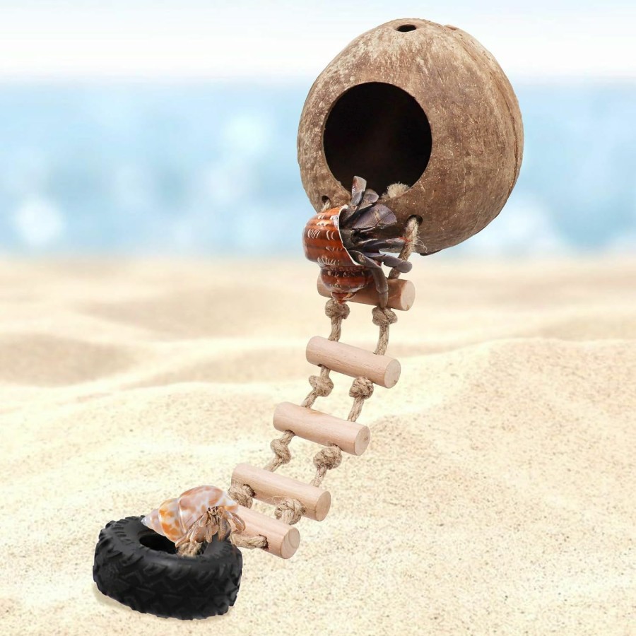 Reptiles & Amphibian Neeenn | Hermit Crab Climbing Toy, Natural Coconut Reptile Hideout With Ladder, Hanging Coconut Reptile House, Cage Or Tank Cave Habitat Accessories, Suitable For Gecko Snake Lizard Chameleon Hermit Crab