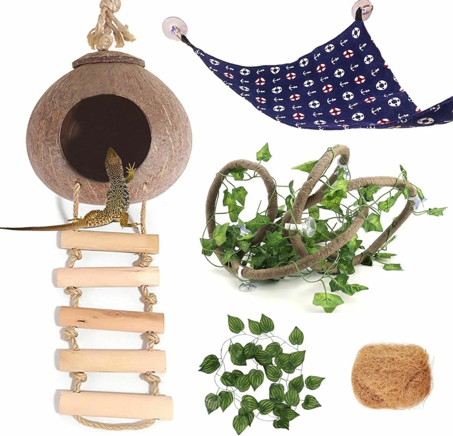 Reptiles & Amphibian Grddaef | Crested Gecko Tank Accessories, Coconut Hut With Ladder Reptile Hammock Colorful Hanging Plants Jungle Climber Vine Coco Shell Hideout Habitat Decor For Bearded Dragon Lizard Gecko Snake