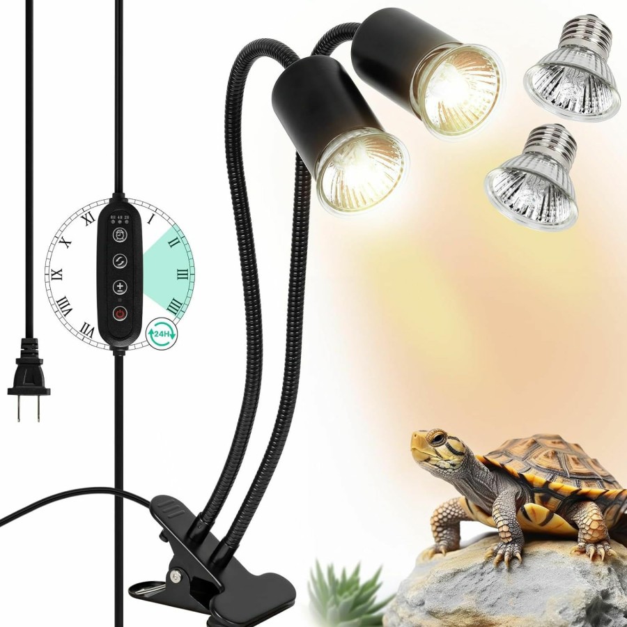 Reptiles & Amphibian SIYOMG | Siyomg Reptile Heat Lamp, Dual Head Uva Uvb Reptile Light With Cycle Timer Switch, Heating Lamp Basking Light For Aquarium Bearded Dragon Turtle Lizard Snake Dimmable, 2 Basking Bulbs Light (50W)