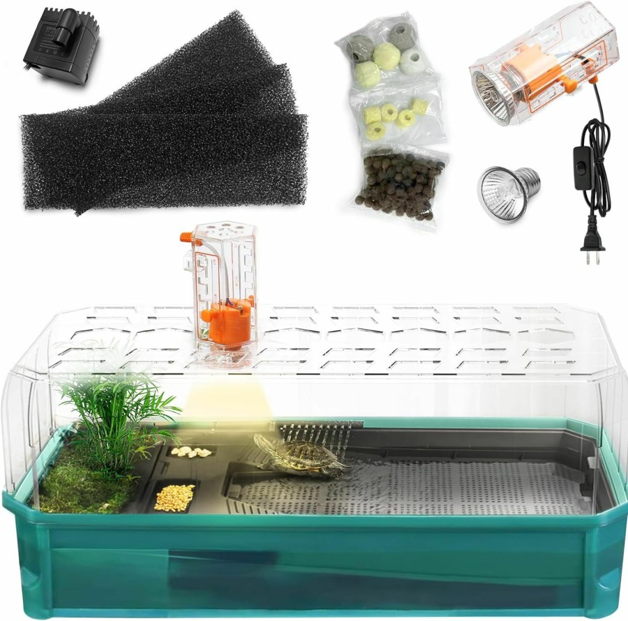 Reptiles & Amphibian Clioran | Clioran Turtle Tank Kit, Acrylic Turtle Habitat Starter Terrarium, Aquatic Tortoise Enclosure With Lid, Filter, Multi Function Areas, Drainage, Basking Platform Lamp For Pet Turtles Crabs Reptiles