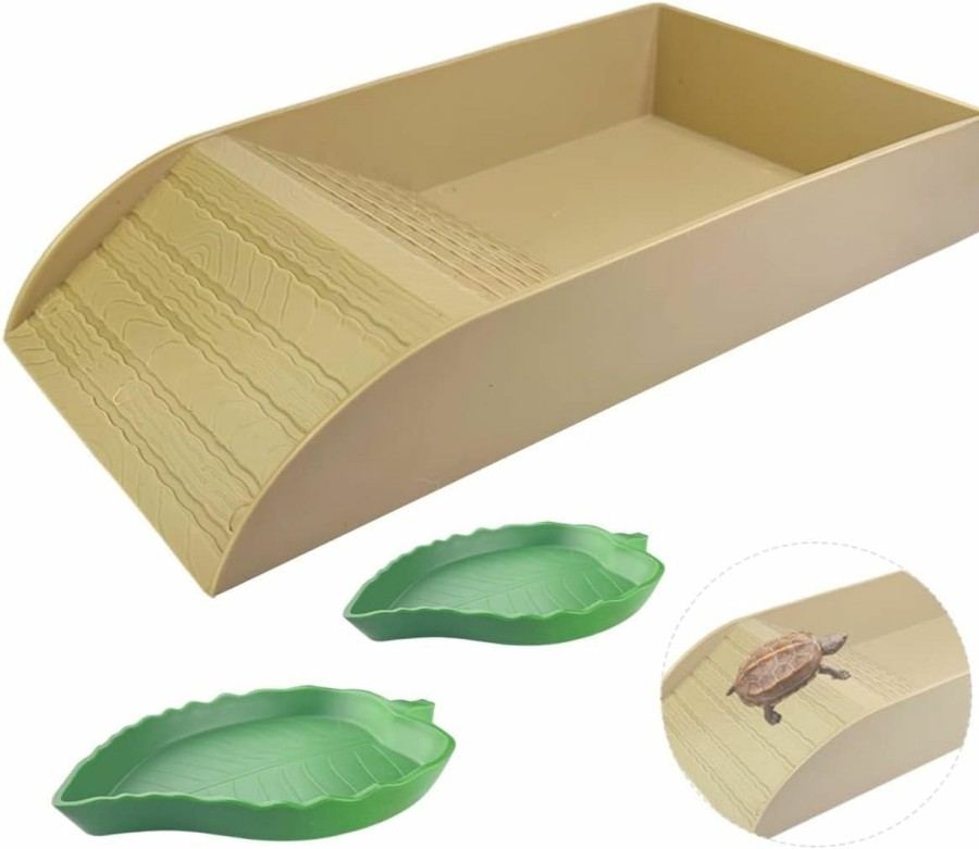 Reptiles & Amphibian Quaocens | 3 Pcs Tortoise Food Dish With Ramp And Tortoise Water Bowl,Gray Reptile Water Bowl,Reptile Water Dish Amphibians Habitat,Reptile Water Bowl For Turtles,Horned Frogs And Lizards