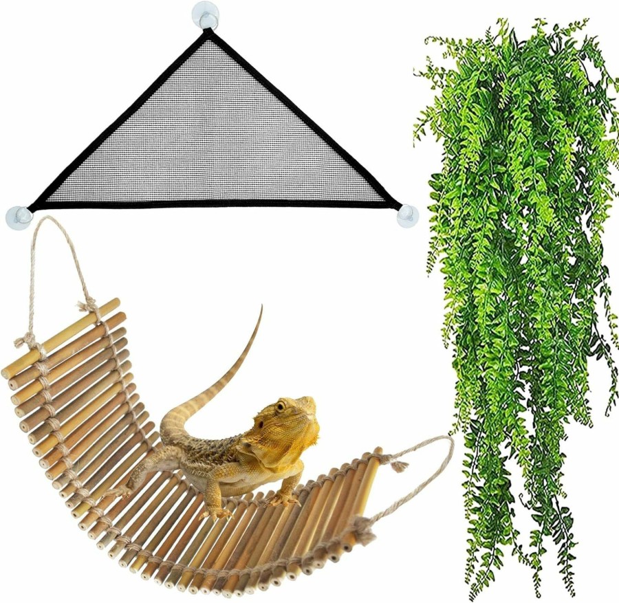 Reptiles & Amphibian kathson | Kathson Bearded Dragon Tank Accessories Kit,Reptile Habitat Decoration Lizard Hammock Reptiles Lounger Hanging Ladder Vines Plants Climbing Leaves Decor For Lizards,Geckos,Chameleon,Snakes (4 Pcs)