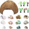 Reptiles & Amphibian SINKOO | Hermit Crab Shells Natural Coconut Shell Hut Artificial Plants 19 Pcs Decoration Supplies House Tank