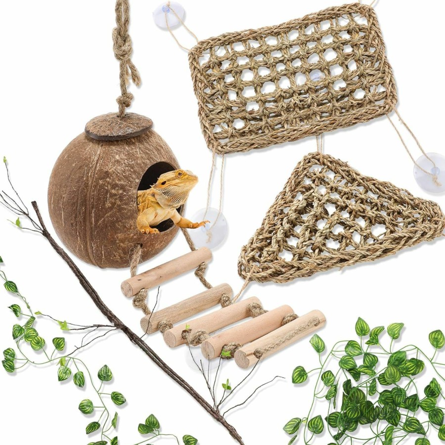 Reptiles & Amphibian Silkfly | Silkfly 5 Pcs Lizard Coconut Den With Ladder Rectangle Bearded Dragon Hammock Triangle Lizard Reptile Climbing Lounger Tank Accessories Home Vines Plant Decor For Reptile Snake