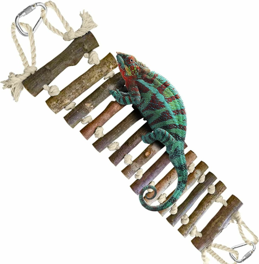 Reptiles & Amphibian SunGrow | Sungrow Gecko Wooden Ladder Bridge, 14 X 3 Inches, Exercise Gym, Interactive Swing Perch For Resting, Metal Clasps For Hanging, Vertical Stairs For Climbing