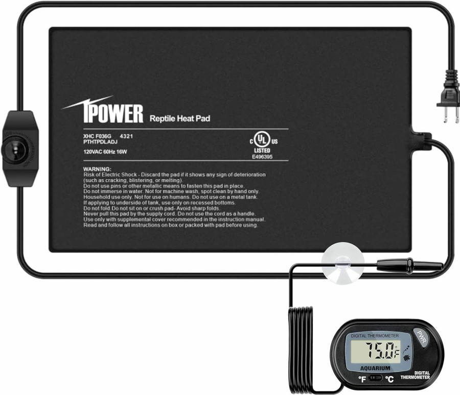 Reptiles & Amphibian iPower | Ipower 8 By 12-Inch Reptile Heat Mat With Temperature Adjustable Controller Knob, Lcd Digital Aquarium Thermometer For Reptiles And Amphibians,Black