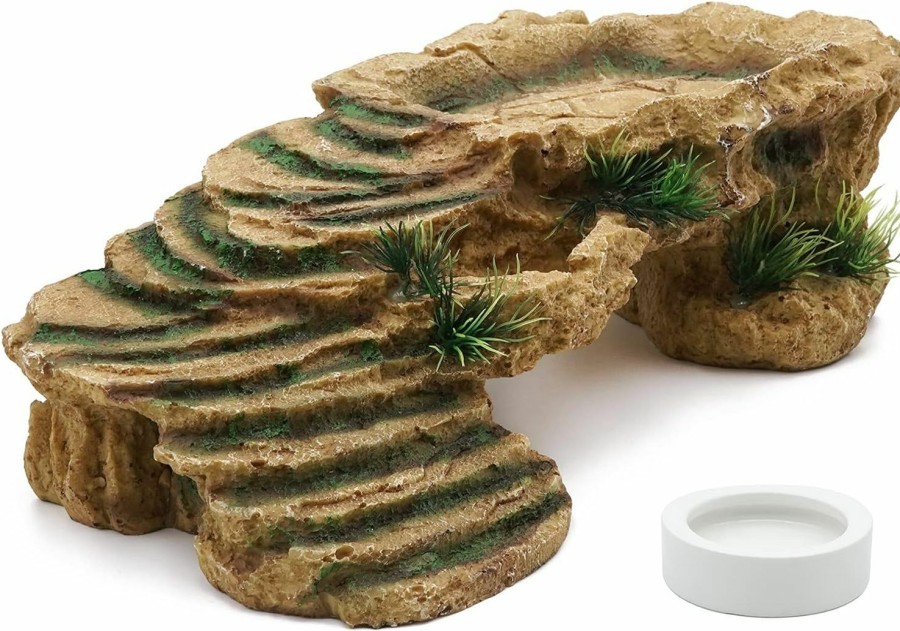 Reptiles & Amphibian Junniu | Paulozyn Reptile Shale Scape Step Ledge Ramps Turtle Basking Platforms Hide Cave 12.6In Large Rock For Reptile Aquarium Bearded Dragon Chameleon Tortoise Lizards Resin, With Ceramic Food Dish Bowls