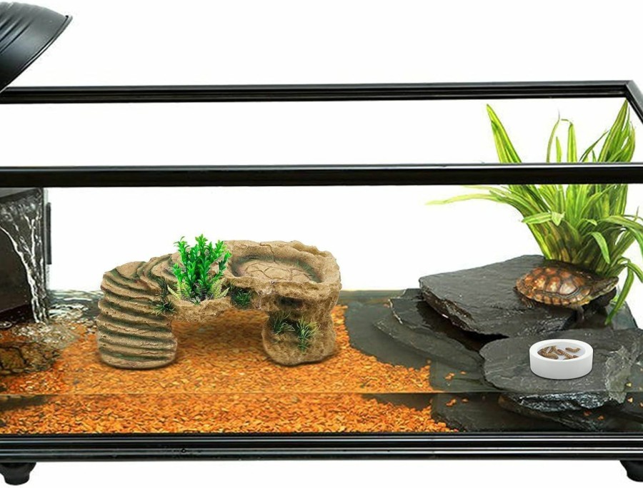 Reptiles & Amphibian Junniu | Paulozyn Reptile Shale Scape Step Ledge Ramps Turtle Basking Platforms Hide Cave 12.6In Large Rock For Reptile Aquarium Bearded Dragon Chameleon Tortoise Lizards Resin, With Ceramic Food Dish Bowls