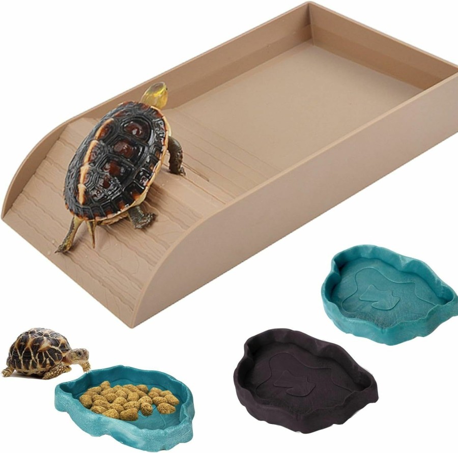 Reptiles & Amphibian DBYANAN | 3Pcs Tortoise Water Dish With Ramp Turtle Food Water Bowls Rock Reptile Water Dish Tortoises Habitat Accessories Turtle Reptile Bathing Pool (Grey)