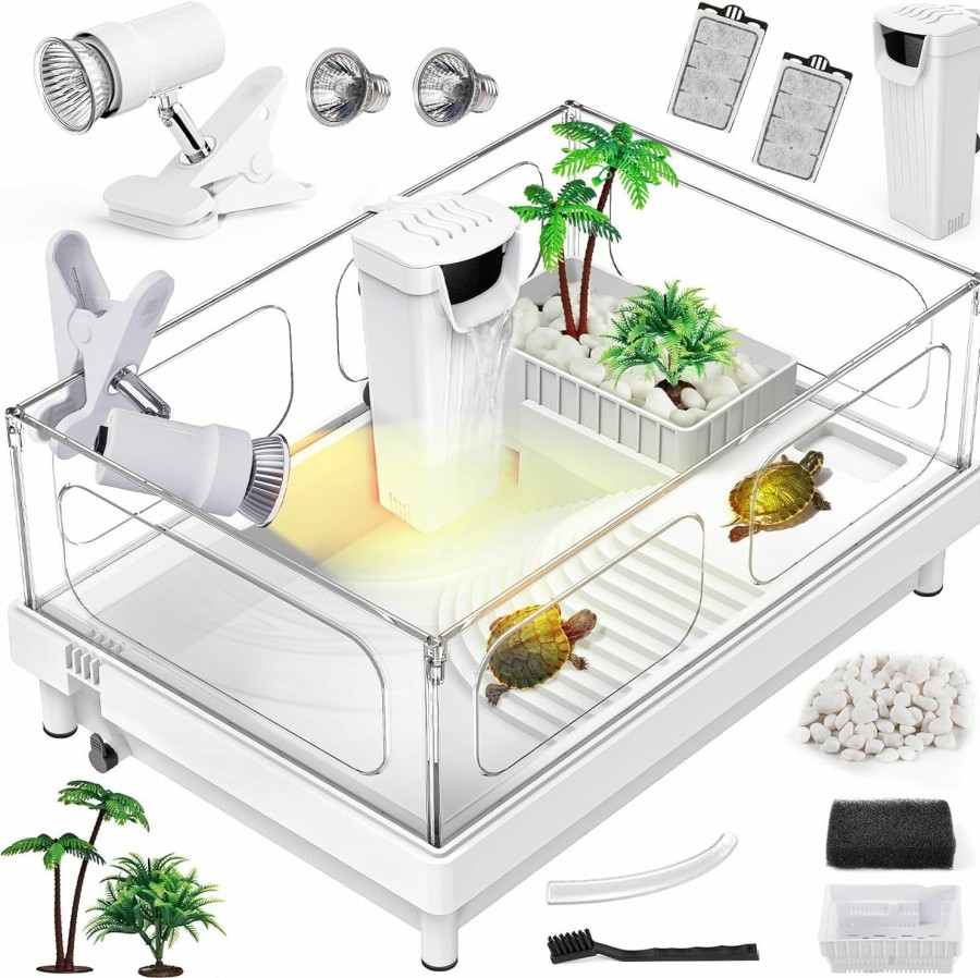 Reptiles & Amphibian Moonorange | Moonorange Small Turtle Tank Kit(Tank+Light+Filter), Acrylic Turtle Tank Starter Kit With Bask Platform, Bottom Drain, Multi-Function Area For Small Reptiles.(White)