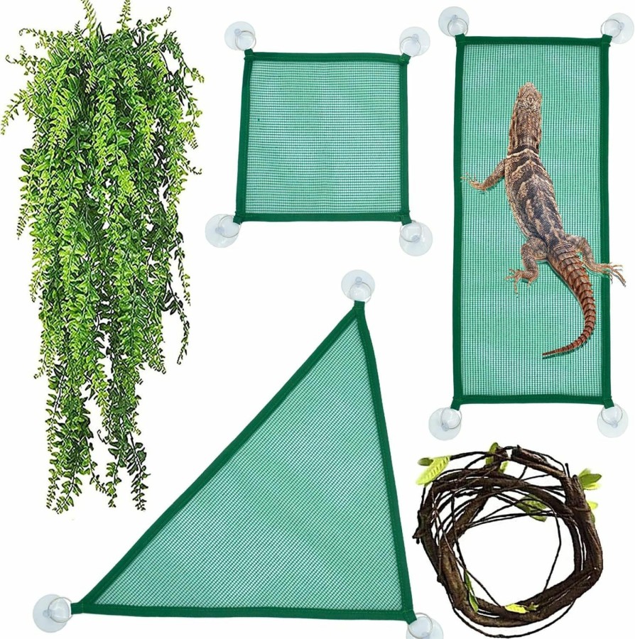 Reptiles & Amphibian MUYG | Muyg 5Pcs Bearded Dragon Mesh Hammock, Breathable Reptile Lizard Lounger Habitat Decoration Reptiles Tank Accessories Jungle Climber Vines Leaves Climbing Decor For Gecko Chameleon Snakes