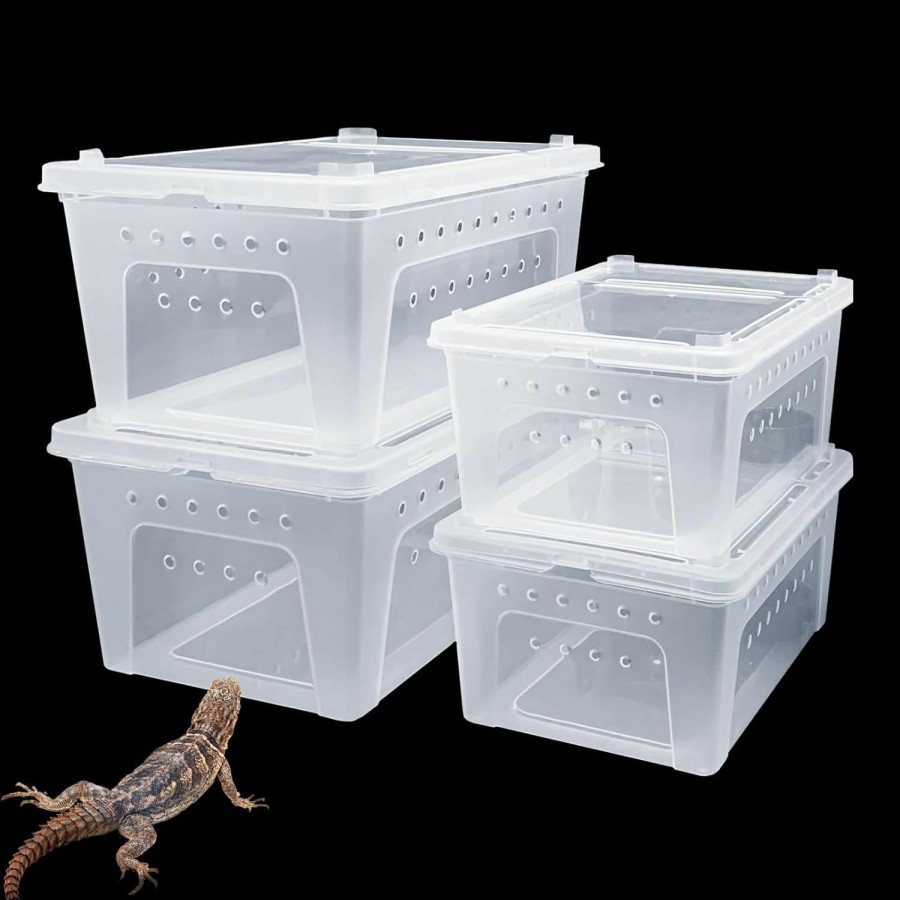 Reptiles & Amphibian Hamiledyi | Hamiledyi 4 Pcs Reptile Breeding Box Plastic Feeding Box Transparent Transport Container Portable Snake Enclosure Scorpion Lizard Gecko Insect Tarantula Frog Tortoise Spider Habitat Cage (White)