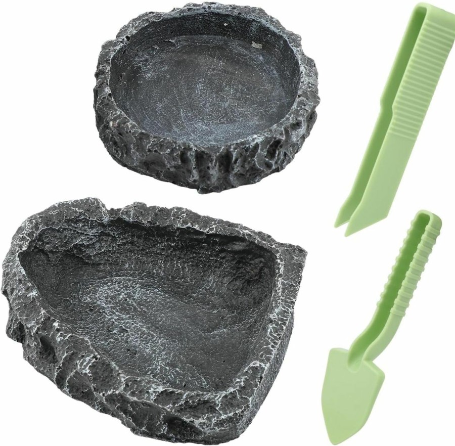 Reptiles & Amphibian RVXlRDN | Reptile Bowls, 2 Pcs Reptile Feeding Dish With Clamp & Shovel, Resin Rock Reptile Water & Food Bowls, Amphibian Reptile Feeding Terrarium Bowls For Gecko Lizard Spider Scorpion Chameleon