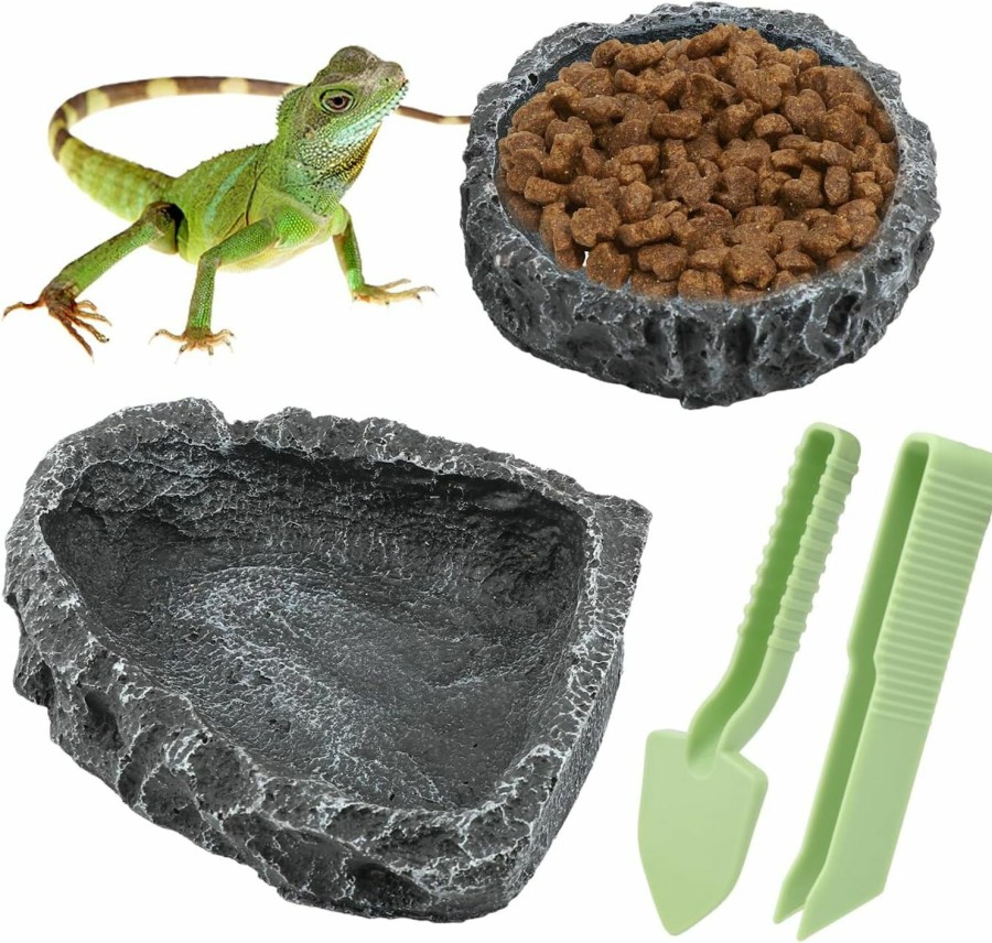 Reptiles & Amphibian RVXlRDN | Reptile Bowls, 2 Pcs Reptile Feeding Dish With Clamp & Shovel, Resin Rock Reptile Water & Food Bowls, Amphibian Reptile Feeding Terrarium Bowls For Gecko Lizard Spider Scorpion Chameleon