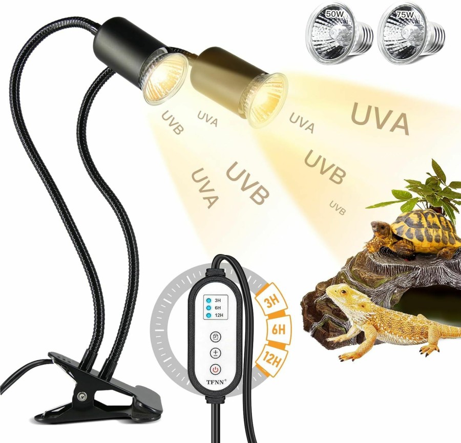 Reptiles & Amphibian TFNN | Tfnn Reptile Heat Lamp, Double-Head Heat Lamp With Clamp, Uva Uvb Reptile Light With Intelligent Cycle Timer For Turtle, Bearded Dragon, Lizard And More, 2 Bulbs 50W+75W