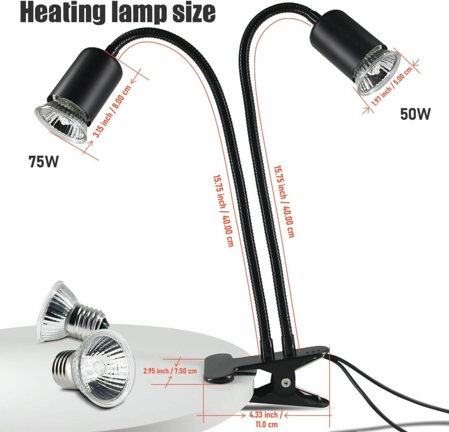 Reptiles & Amphibian TFNN | Tfnn Reptile Heat Lamp, Double-Head Heat Lamp With Clamp, Uva Uvb Reptile Light With Intelligent Cycle Timer For Turtle, Bearded Dragon, Lizard And More, 2 Bulbs 50W+75W