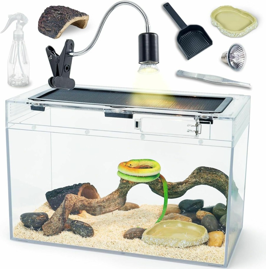 Reptiles & Amphibian BINANO | Binano 12.5'' Reptile Tank Kit With Heat Lamp, Spray Bottle, Shovel, Tweezer, Food Bowl, Hideout Perfect For Hamsters, Bearded Dragons, Snakes, Lizard, Turtles 360 Viewing Pc Glass Convenient Feeding