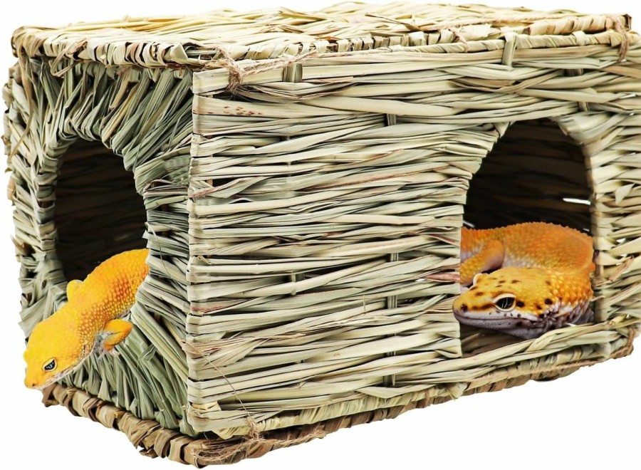 Reptiles & Amphibian Oooct | Extra Large Reptile Hideout, Natural Grass Foldable Lizard House, Cage And Aquarium Accessories, Suitable For Lizard Chameleon Hermit Crab Hamster Guinea Pig Rabbit 11.8 7.8 7.8 Inches