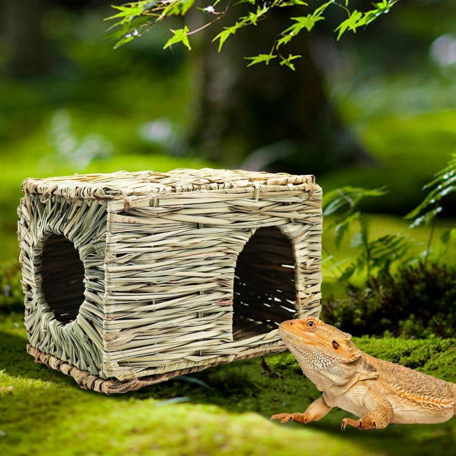 Reptiles & Amphibian Oooct | Extra Large Reptile Hideout, Natural Grass Foldable Lizard House, Cage And Aquarium Accessories, Suitable For Lizard Chameleon Hermit Crab Hamster Guinea Pig Rabbit 11.8 7.8 7.8 Inches