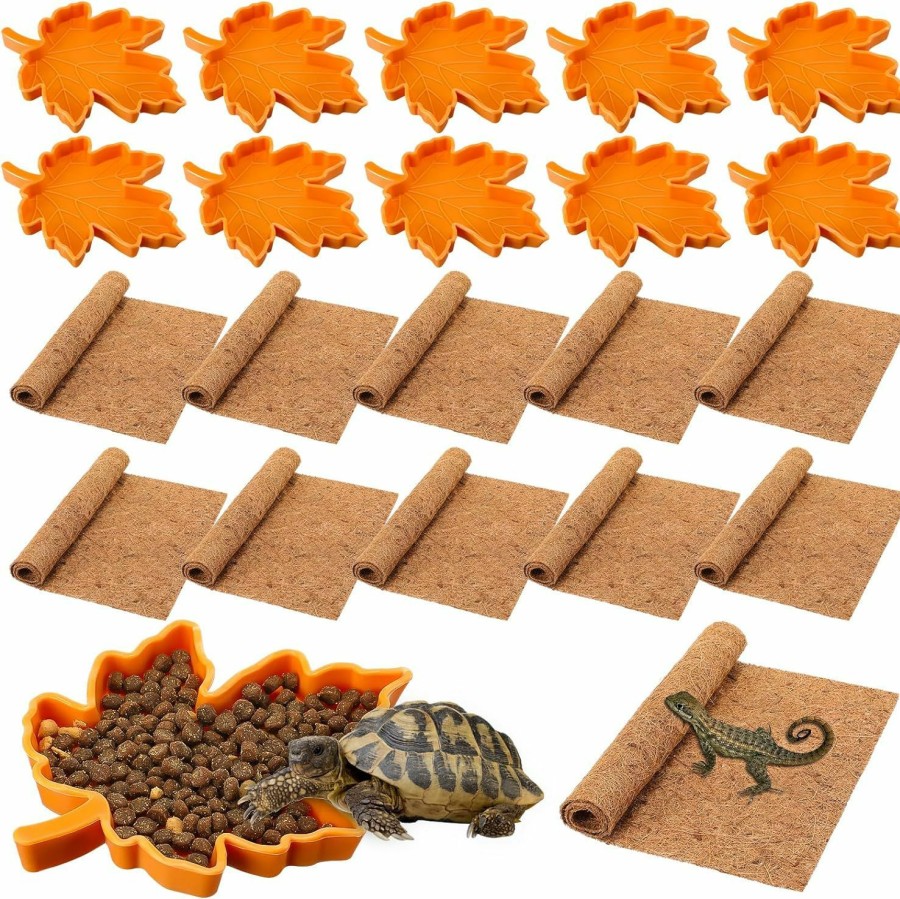 Reptiles & Amphibian Suzile | Suzile 12 Pcs Reptile Carpet Leaf Reptile Food Water Bowl Plate Dish Set Include 10 Coconut Fiber Pet Mat 2 Reptile Food Dish For Lizard Snake Chameleon Turtle Gecko Bearded Dragon Hamsters Terrarium