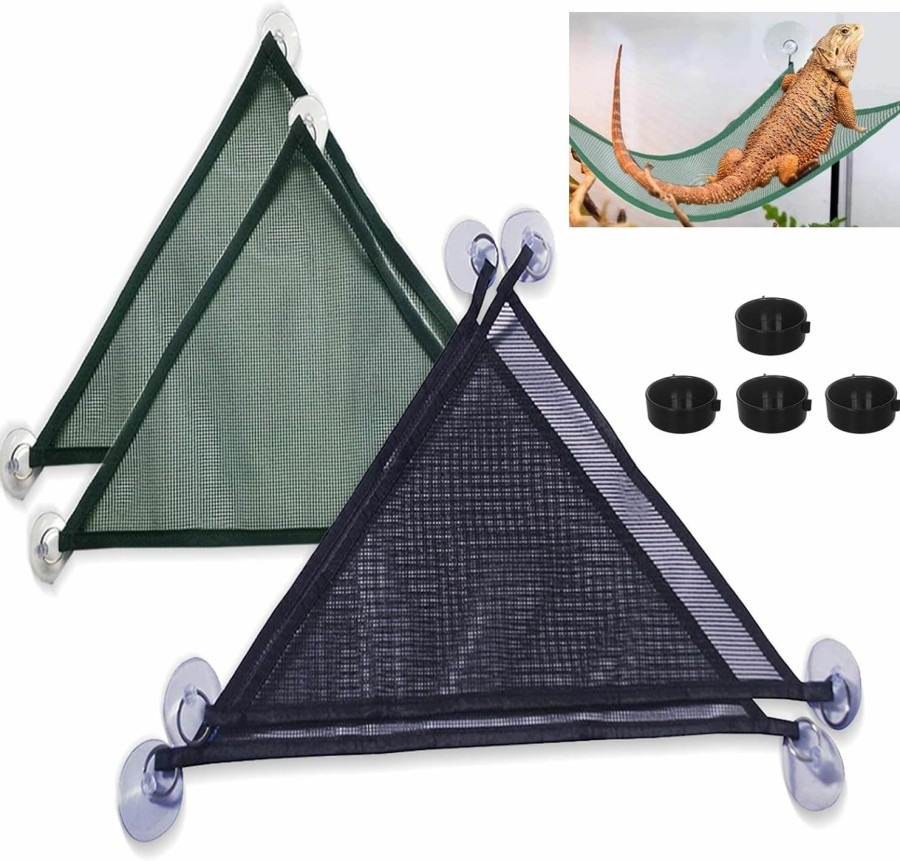 Reptiles & Amphibian Lucky Interests | Lucky Interests 4 Pcs Reptile Hammock Lounger, Lizard Hammock With Strong Suction Cup Triangle Bearded Dragon Lounger For Iguanas Geckos Lizards Anoles Snakes With 4 Reptile Food Bowl (Green, Black)