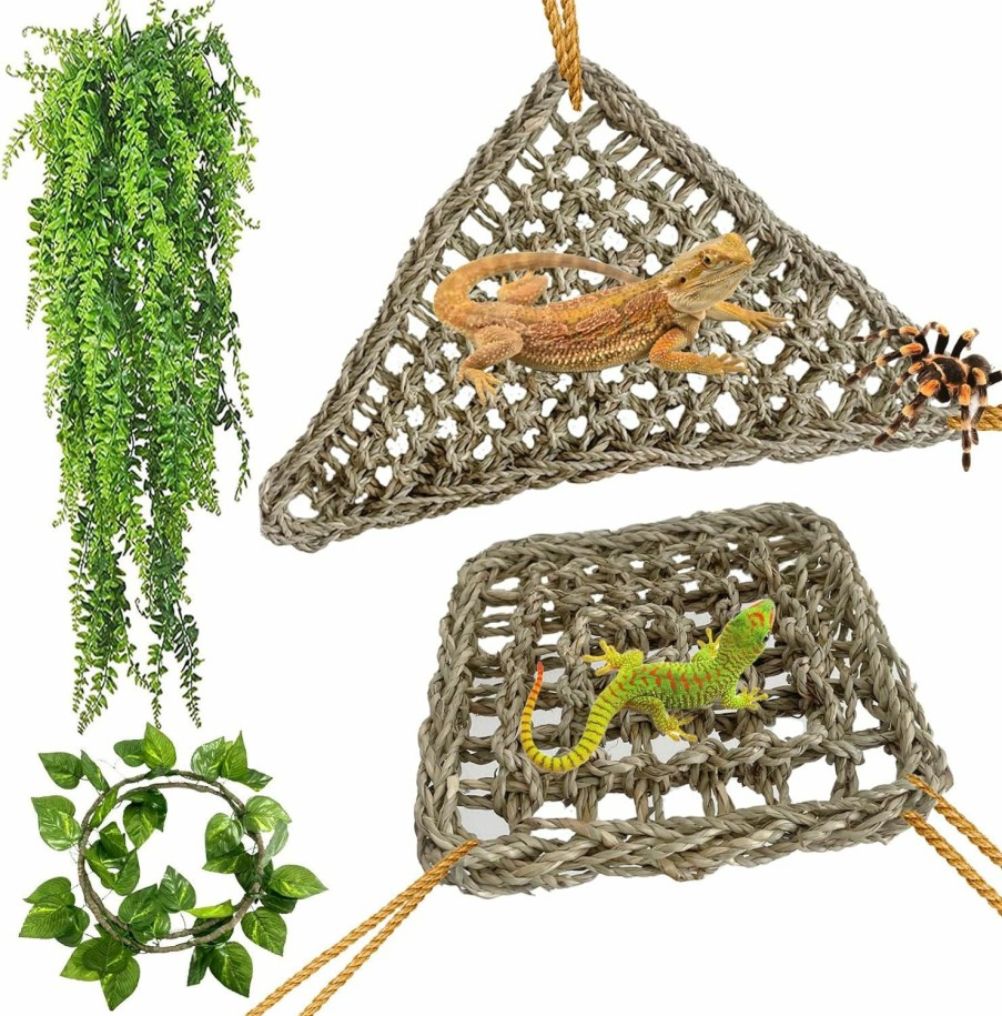 Reptiles & Amphibian kathson | Kathson Bearded Dragon Hammock,Lizard Lounger Reptile Tank Hanging Plants Climbing Jungle Vines Flexible Leaves Decorations For Lizards Chameleon Gecko Snakes(5 Pcs)