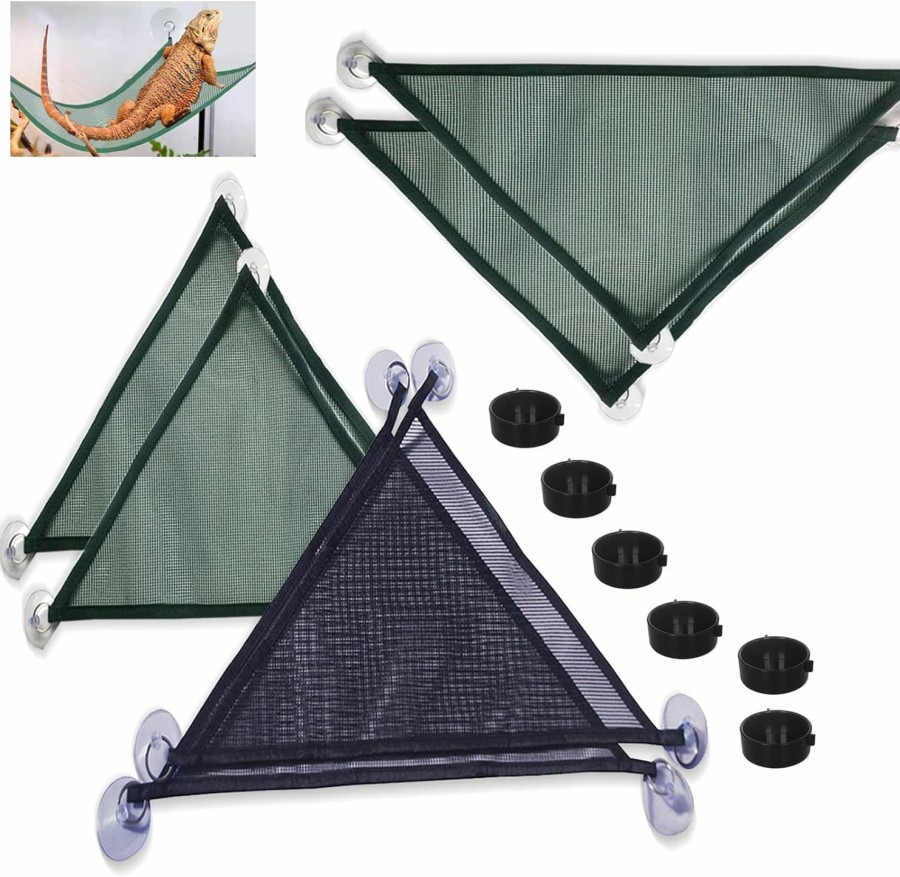 Reptiles & Amphibian Lucky Interests | Lucky Interests 6 Pcs Reptile Hammock Lounger, Lizard Hammock With Strong Suction Cup Triangle Bearded Dragon Lounger For Iguanas Geckos Lizards Anoles Snakes With 6 Reptile Food Bowl (Green, Black)